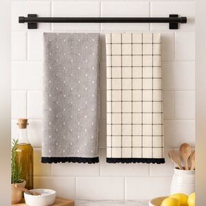 Black & Cream Grid Tea Towels Farmhouse Kitchen Towels Decorative Trim Set of 2